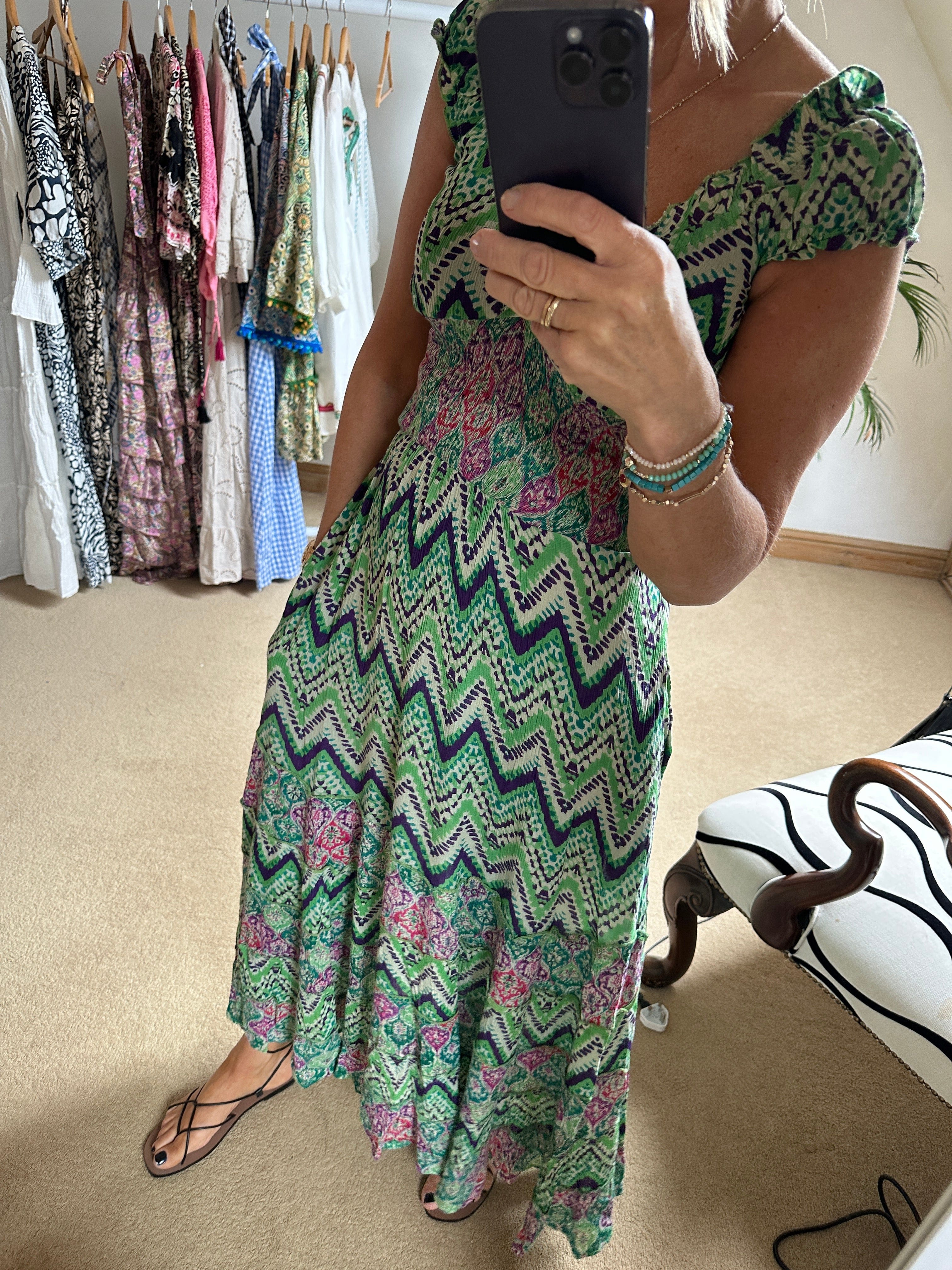 Green and Purple zig zag dress