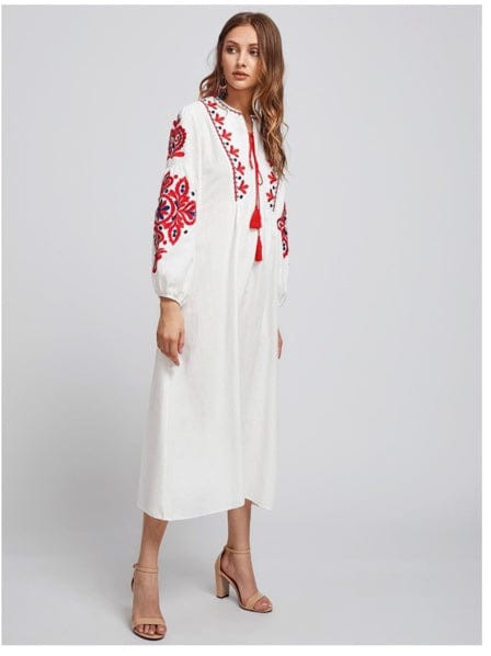 Ukrainian Style Embroidered Dress - White