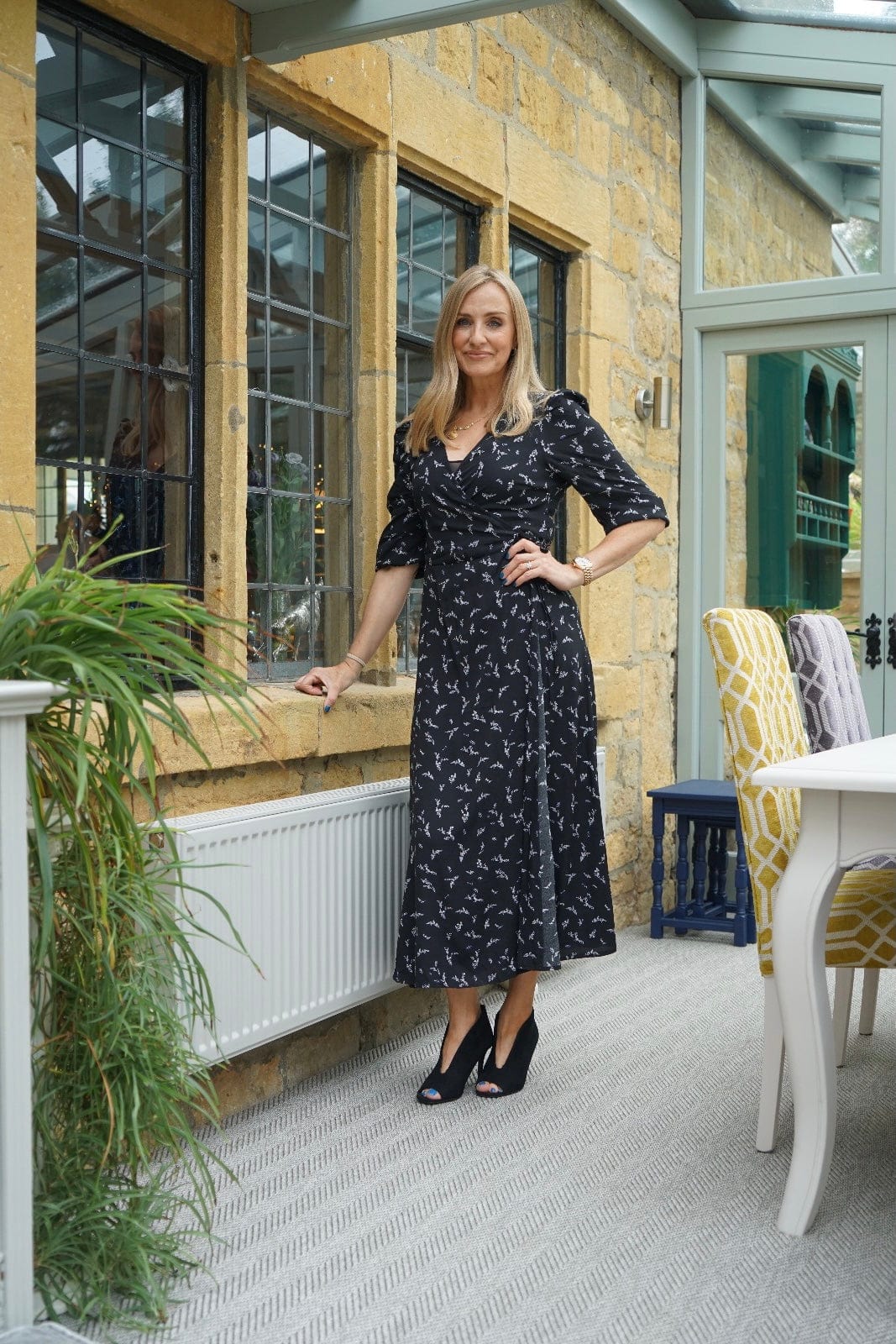 Black floral wrap dress
