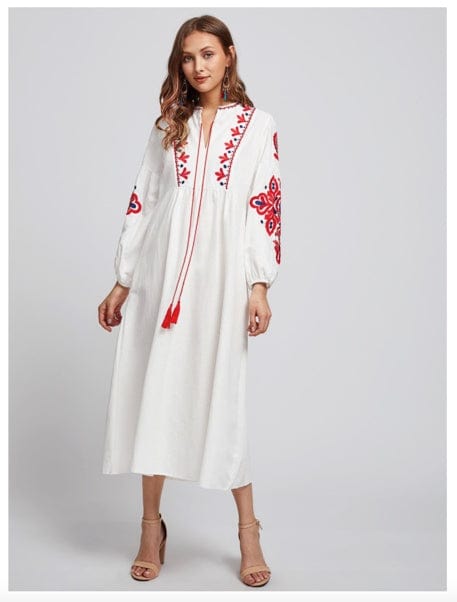 Ukrainian Style Embroidered Dress - White