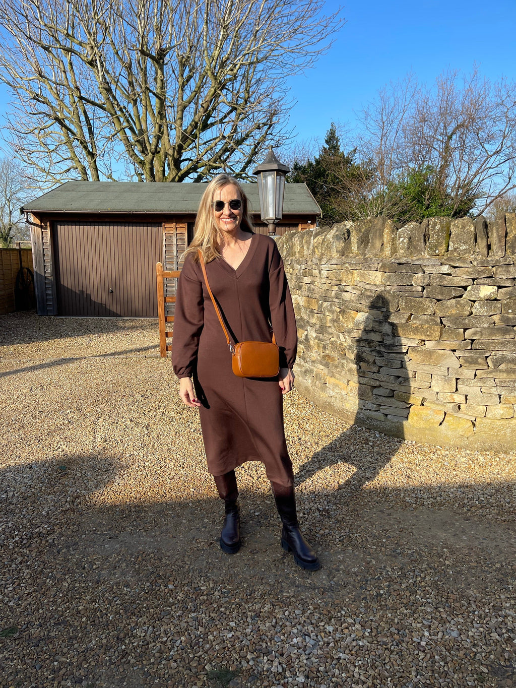 Silky Sweatshirt Dress - Brown