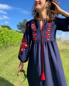 Ukranian style embroidered dress - navy