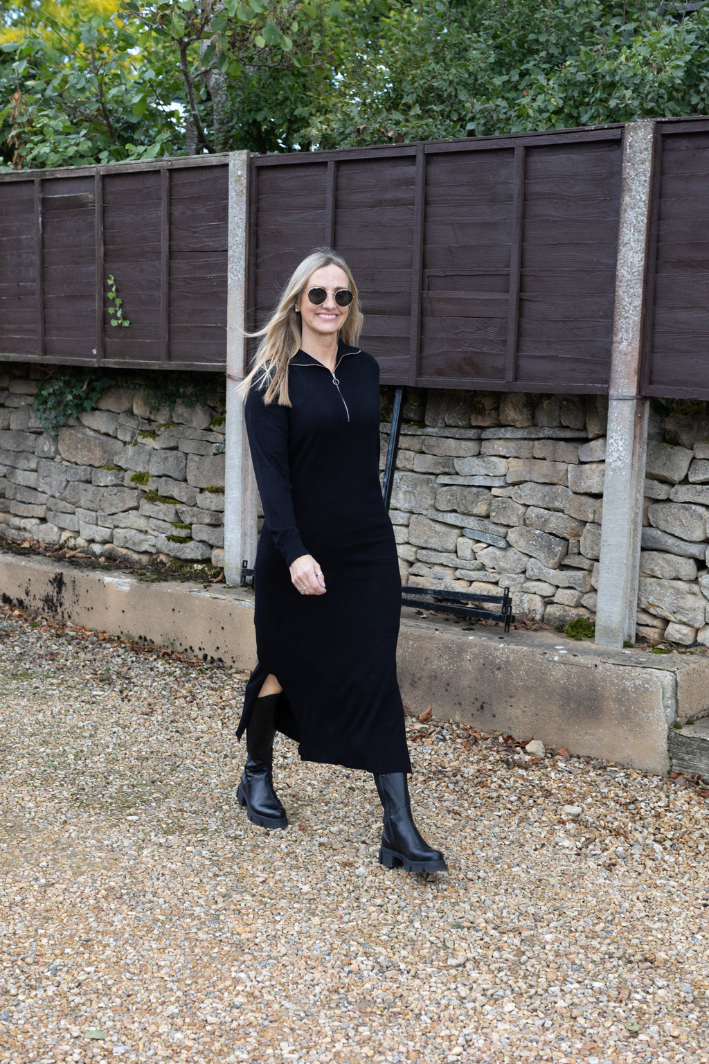 Funnel Neck Long knitted Dress - Black