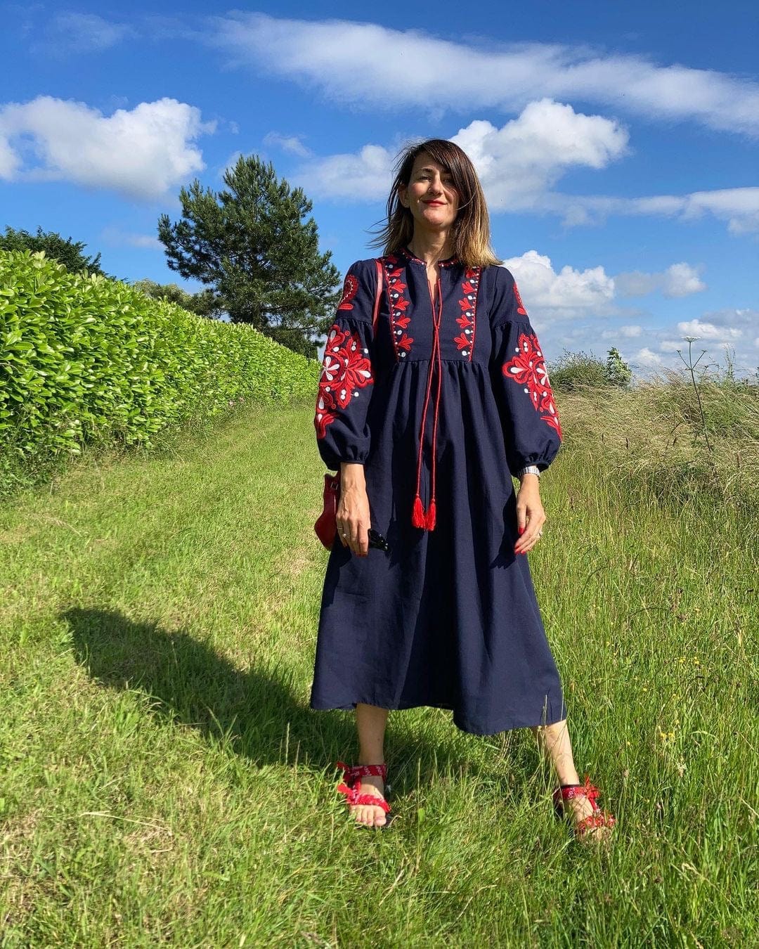 Ukranian style embroidered dress - navy