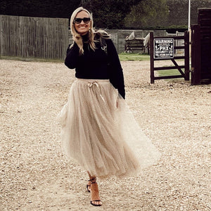 The Carrie  Skirt - Beige with Black Polka Dots