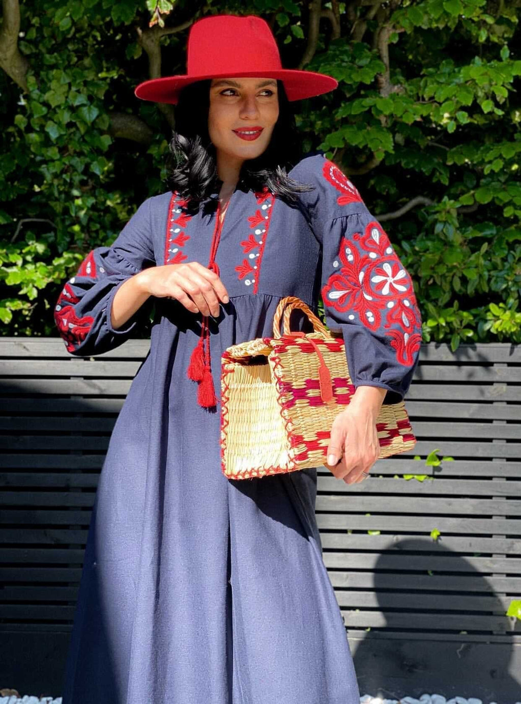 Ukranian style embroidered dress - navy