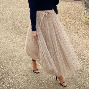The Carrie  Skirt - Beige with Black Polka Dots
