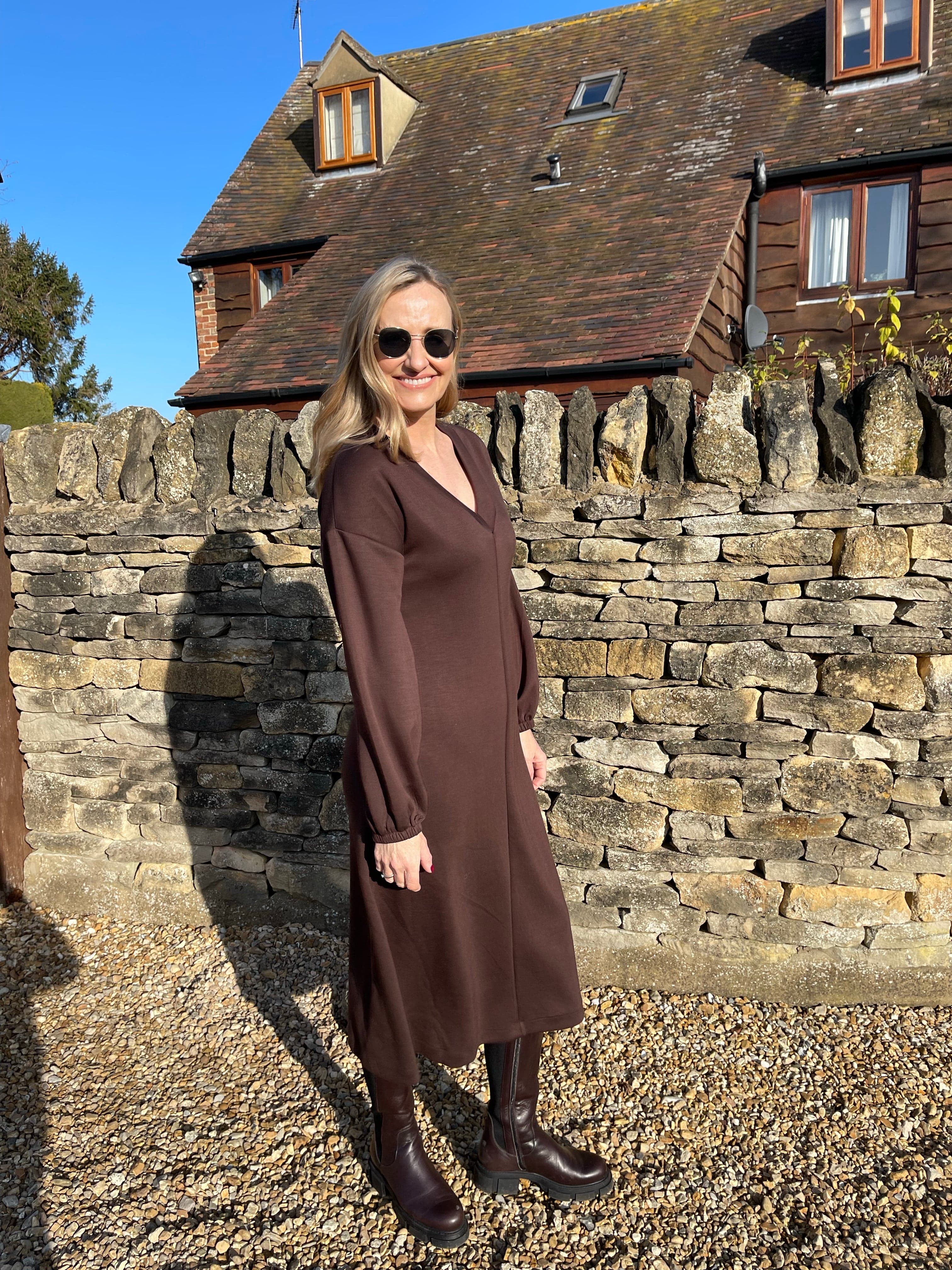Silky Sweatshirt Dress - Brown