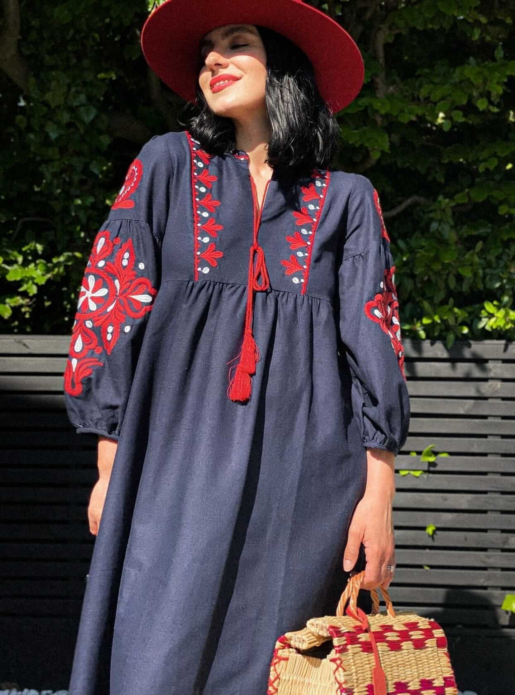 Ukranian style embroidered dress - navy