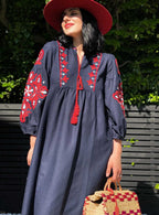 Ukranian style embroidered dress - navy