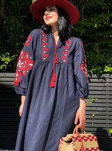 Load image into Gallery viewer, Ukranian style embroidered dress - navy
