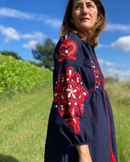 Ukranian style embroidered dress - navy